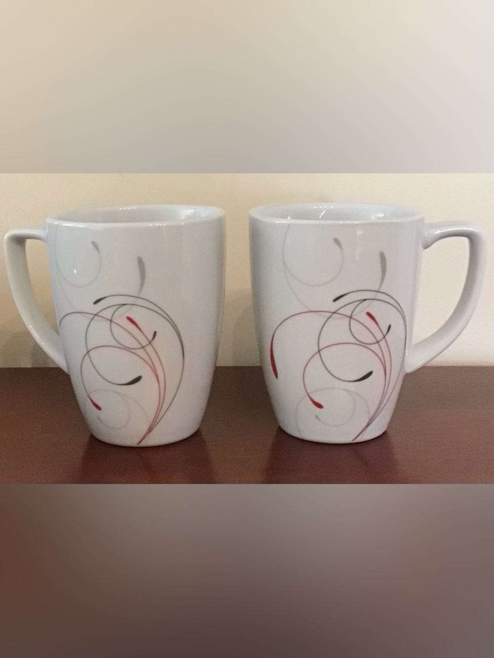 Corelle Coordinates Splendor Red Grey Swirl 2 White Mugs